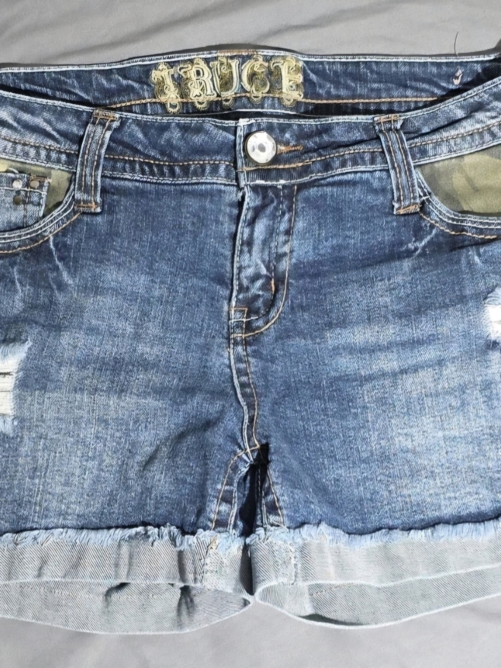 TRUCE Dark Blue Distressed Rolled-Hem Denim Shorts